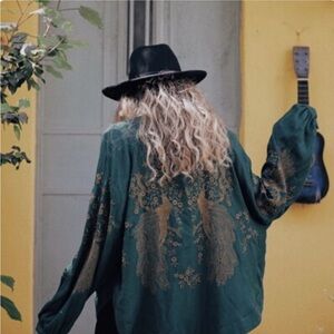 Zara green and gold embroidered jacquard kimono with a peacock design